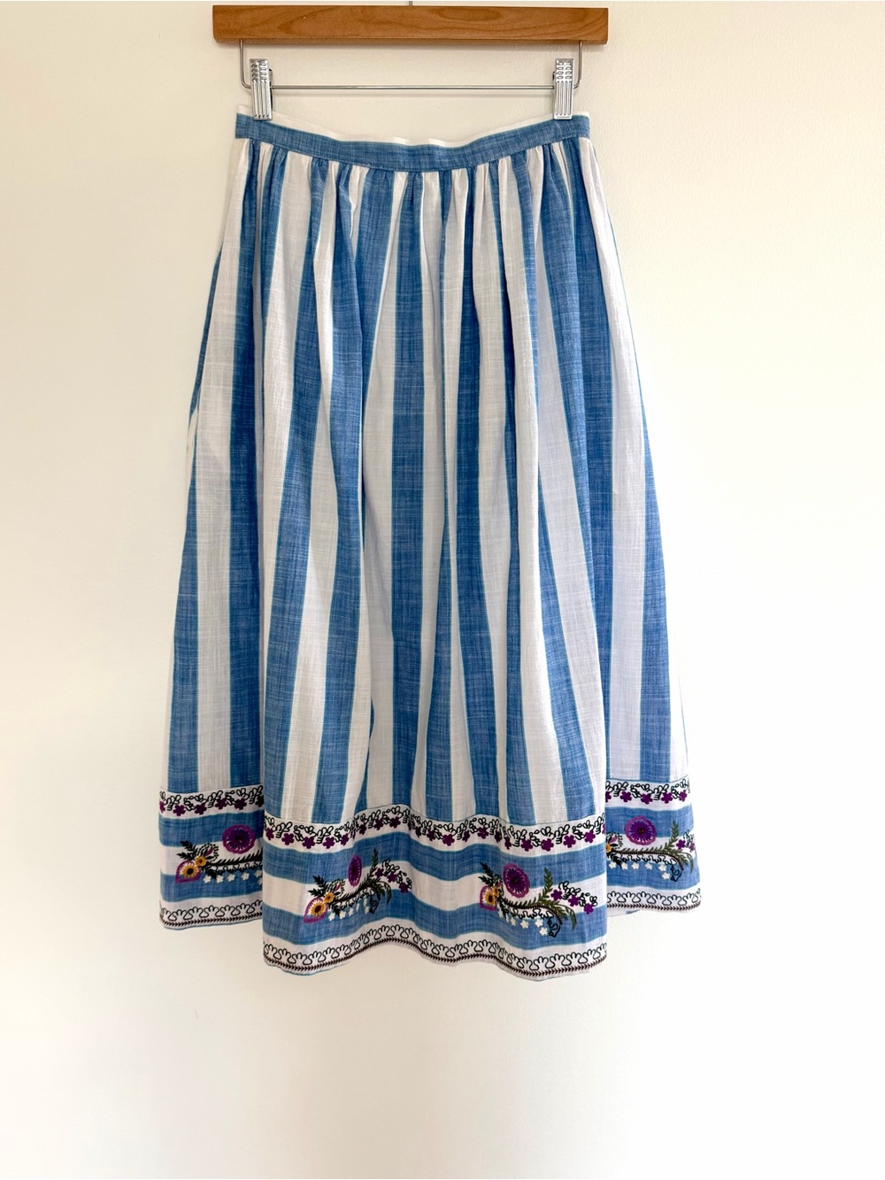 Fanm Mon NWT Gabriel Blue White Striped Embroidered Midi Skirt XS